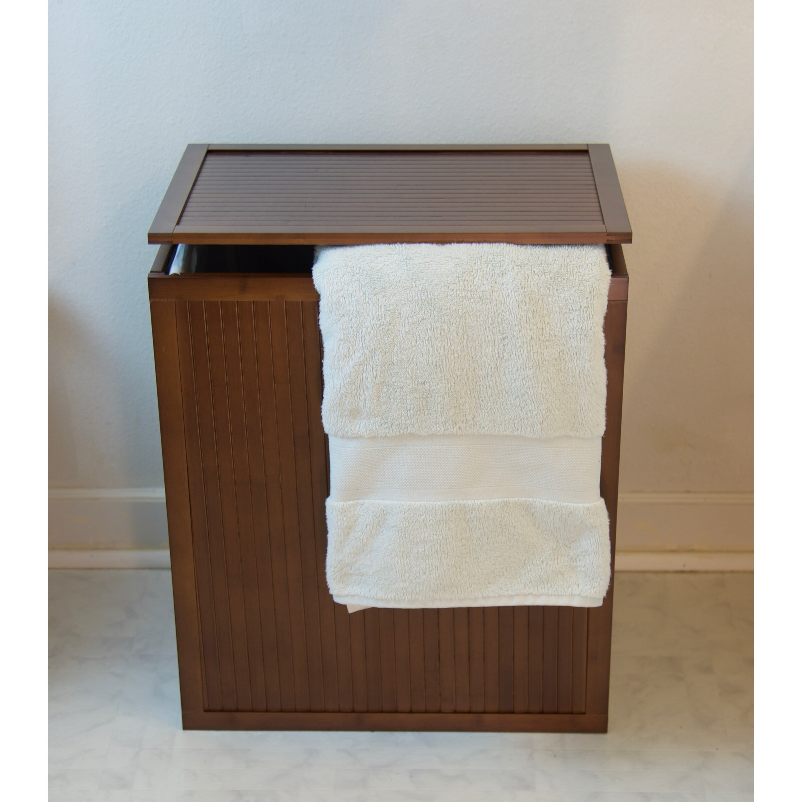 Solid Bamboo Folding Clothes Hamper w/ Removable Laundry Bag Caramel
