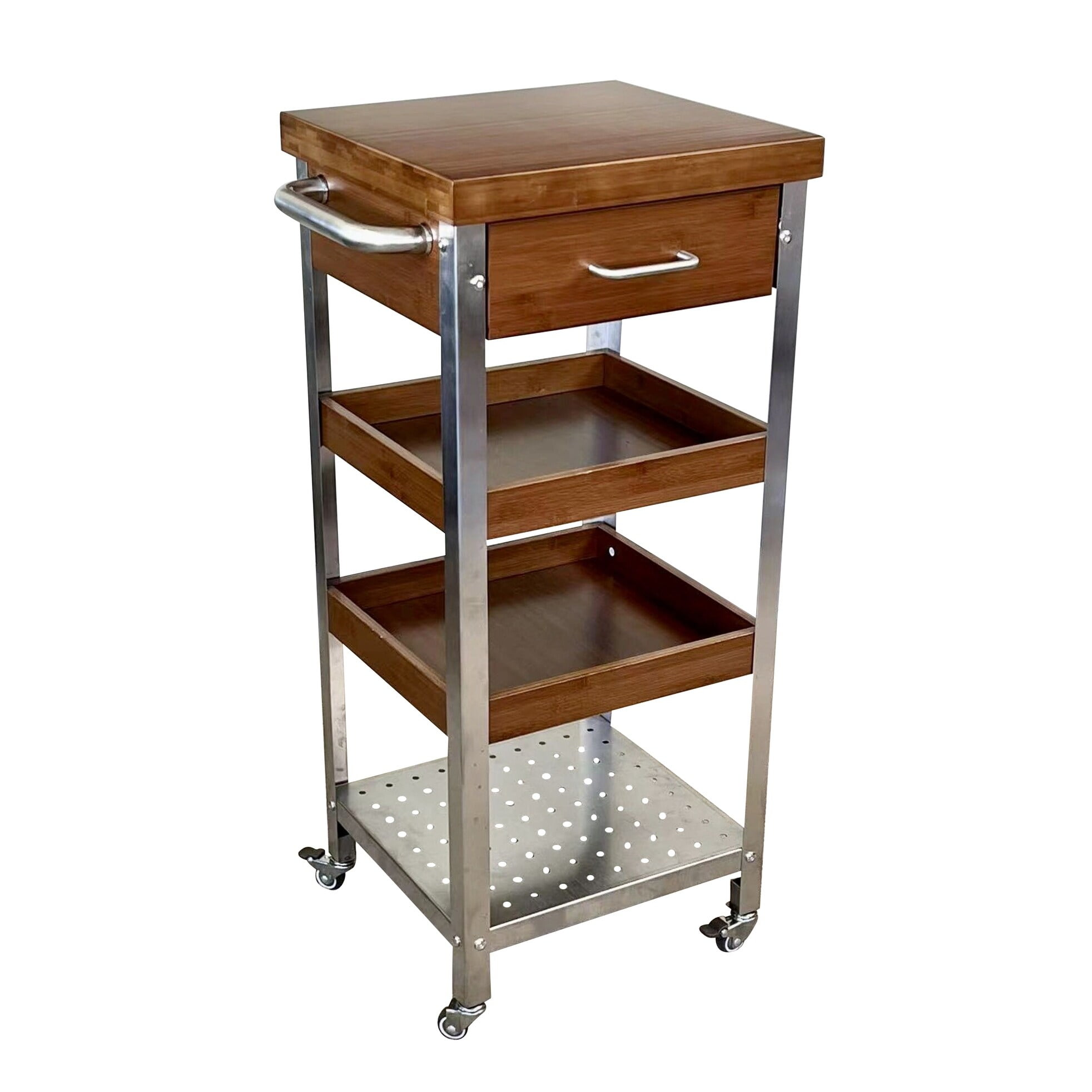 Caramel Bamboo and Stainless Steel Kitchen Cart with Drawer