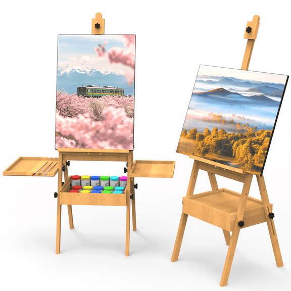 Yacona Art Easel for Painting, Wooden Easel for Adults, H-Frame with Storage Drawer, Natural Style