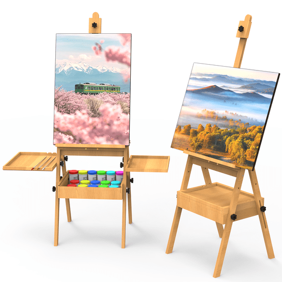 Solid Beech Wood Easel for Painting, Art Easel for Adults with Storage Drawer and Palette, Adjustable H-Frame Easel Stand, Suitable for Kids and Adults, Natural