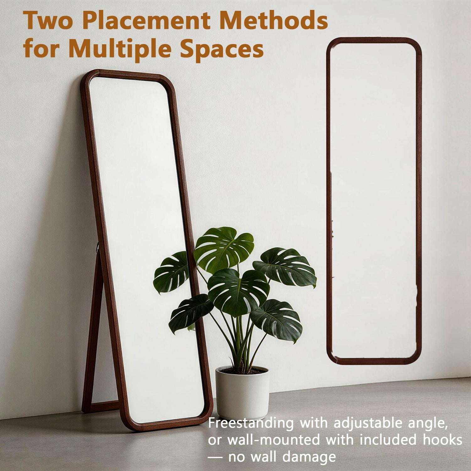 Solid Beech Wood Full Length Mirror with Stand, Freestanding Floor Mirror and Dressing Mirror for Bedroom Living Room Dressing Room, Walnut Finish