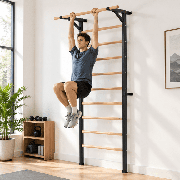 Solid Beechwood 90" Wall Mounted Stall Bar Gym with Pull-up and Dip Station