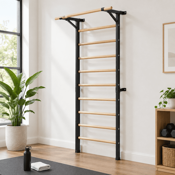 Solid Beechwood 90" Wall Mounted Stall Bar Swedish Ladder Gym with Pull-up and Dip Station