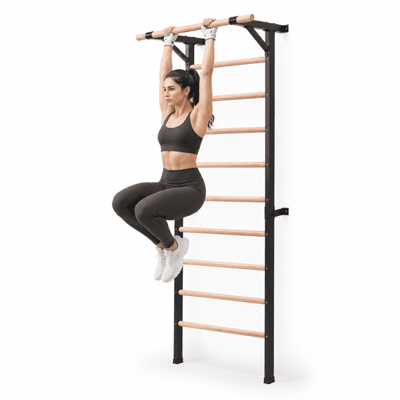 Solid Beechwood Stall Bar 90 Inch Swedish Ladder Wall Gym With Pull-up Dip Station For Home Bodyweight Exercise