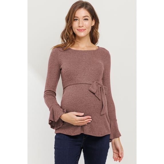 Solid Bell Sleeve Maternity Top with Keyhole Back and Faux Waist Tie