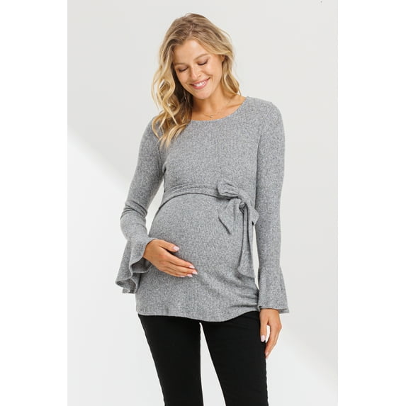 Solid Bell Sleeve Maternity Top with Keyhole Back and Faux Waist Tie