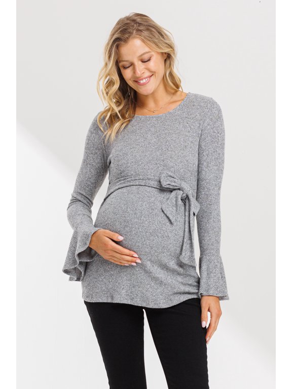 Solid Bell Sleeve Maternity Top with Keyhole Back and Faux Waist Tie