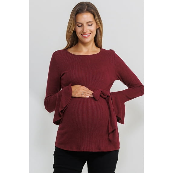 Solid Bell Sleeve Maternity Top with Keyhole Back and Faux Waist Tie