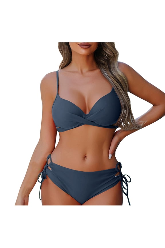 Solid Bikini Set Women Classic Triangle Halter Tie Side High Waisted Two Piece Bathing Suit Full Coverage