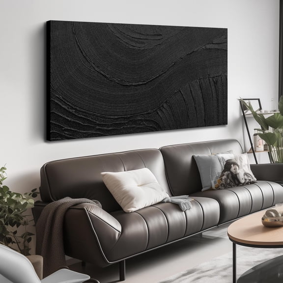 Solid Black Abstract Wall Art Picture, Modern Minimalist Wave Textured Canvas Painting,100% Hand Painted 3D Thick Texture Artwork for Living Room Bedroom,48x24 Inch