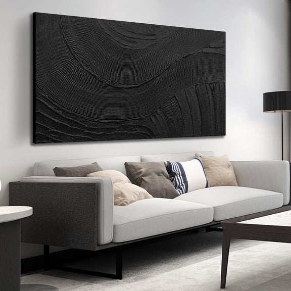 Solid Black Abstract Wall Art Picture, Modern Minimalist Wave Textured Canvas Painting,100% Hand Painted 3D Thick Texture Artwork for Living Room Bedroom,58x29 Inch