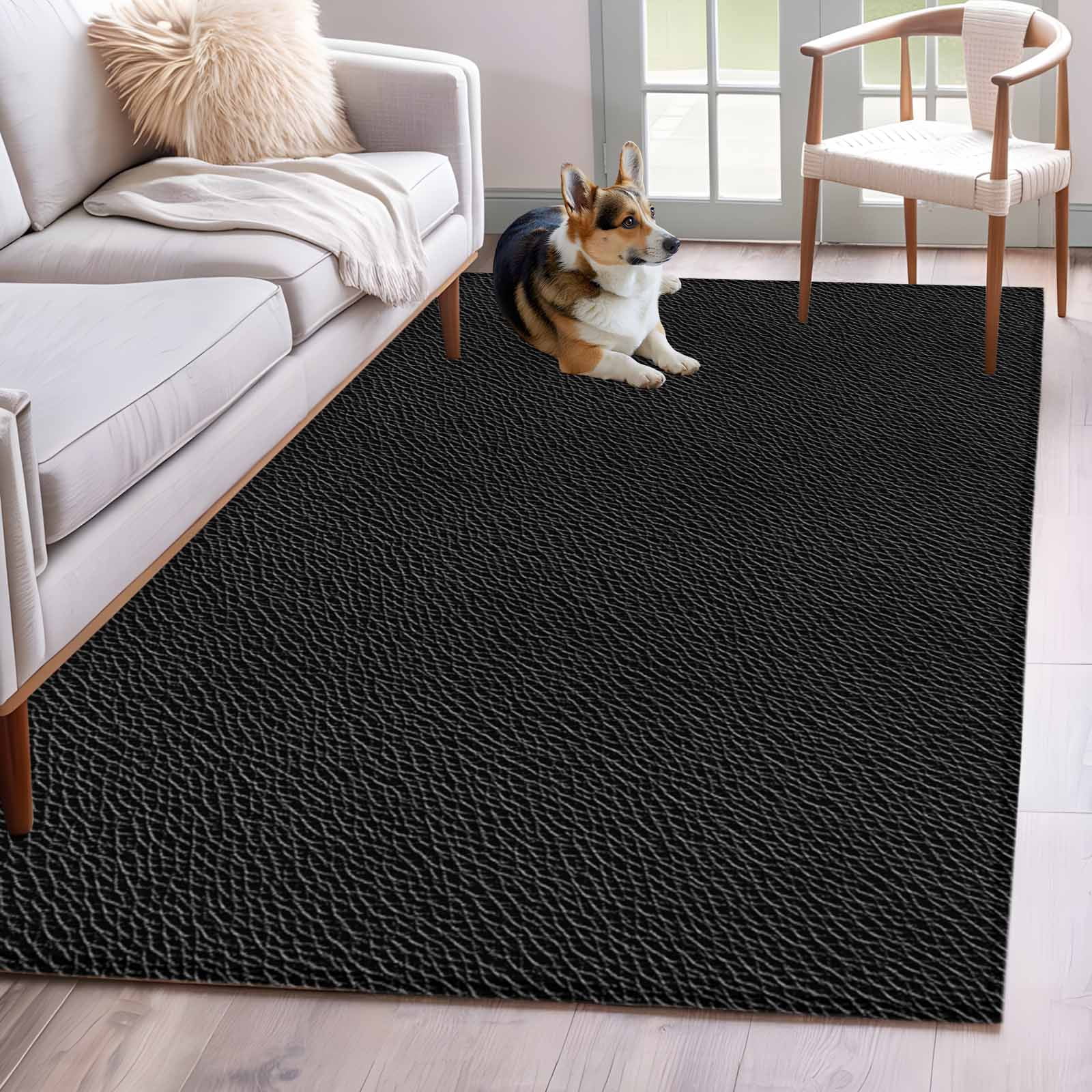 Solid Black Area Rug 4x6 Washable Rug Non Slip Retro Minimalism Abstract Denim Texture Large Area Rug Indoor Floor Carpet for Entryway Bedroom Kitchen Living Room Home Office Dining Room Nursery