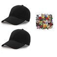 thumbnail image 1 of Solid Black Baseball Cap Hat with Adjustable Buckle Back, Unisex (Pack of 2) with 20 Assorted Iron On Patches, 1 of 3