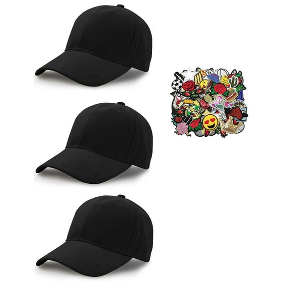 Solid Black Baseball Cap Hat with Adjustable Buckle Back, Unisex (Pack of 3) with 30 Assorted Iron On Patches