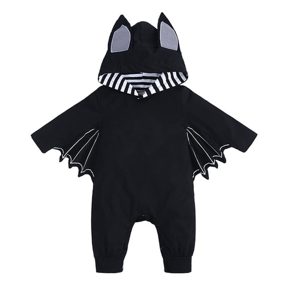 Solid Black Bat Baby Romper Winged Jumpsuit with Bat Ear Hood for Halloween, 3-6 Months