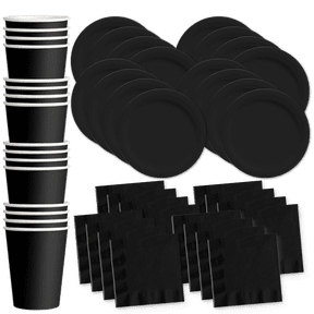 Solid Black Birthday Party Supplies Set Plates Napkins Cups Tableware Kit for 16