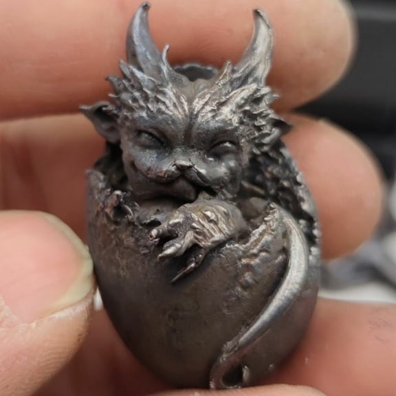 Solid Black Copper Old Hand-carved Cat Dragon Egg Model Statue