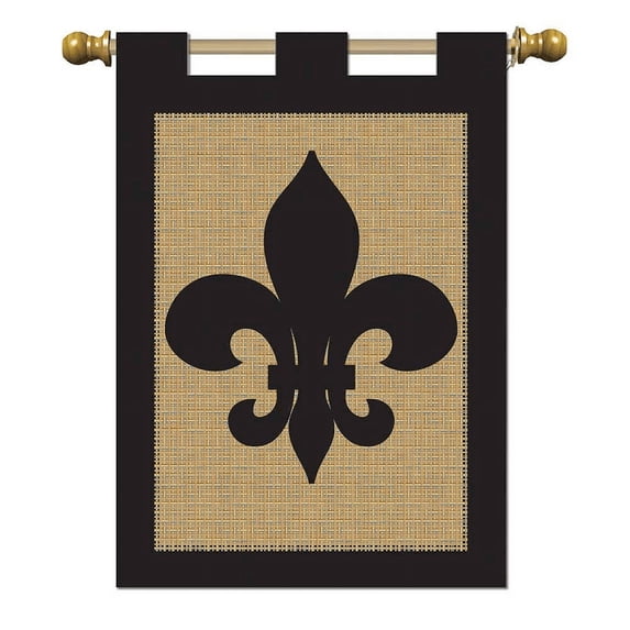 Solid Black Fleur de Lis on Burlap 18 x 13 Rectangular Double Applique Tab Top Small Garden Flag