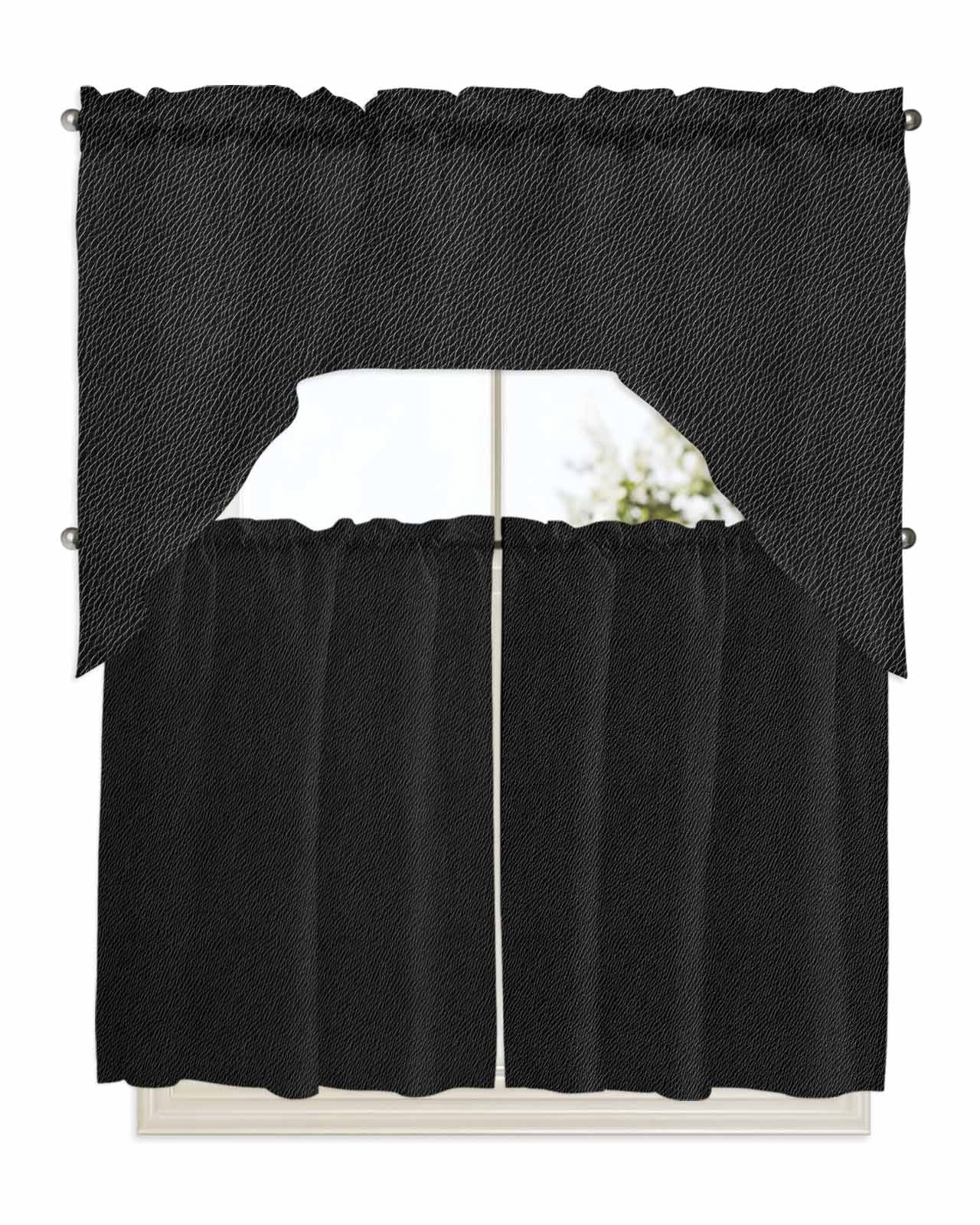 Solid Black Kitchen Curtain and Valance Set 3 Pieces,Rod Pocket Short ...