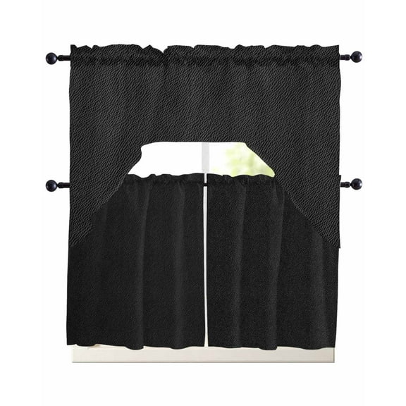 Solid Black Kitchen Curtains Swag Valance and Tier Curtains Set 36 Inch Length, Retro Minimalism Abstract Denim Texture Rod Pocket Drape Panels Pair Swag Curtain for Bathroom/Cafe/Window