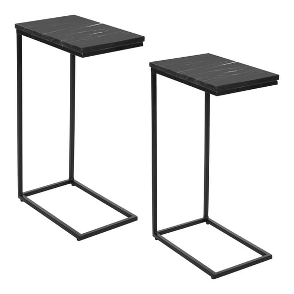 Solid Black Marble Top C-Table with Black Metal Base Set of 2
