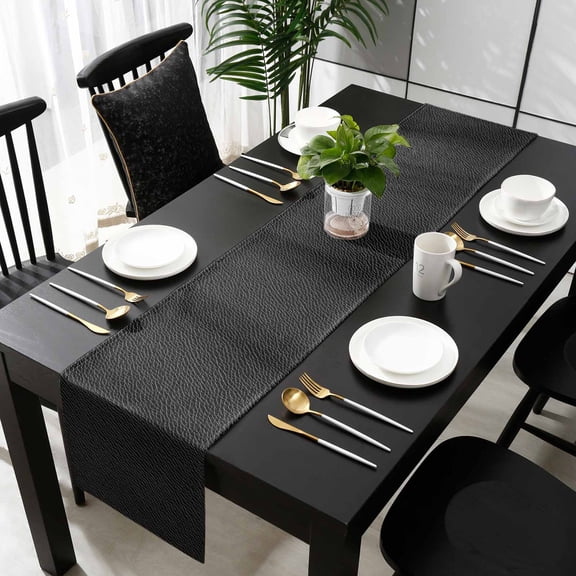 Solid Black Table Runner 36 Inches Small, Retro Minimalism Abstract Denim Texture Kitchen Dining Burlap Linen Tablerunner for Small/Round/Square/Wedding/Coffee/Dining Table Party Home Décor 13 x 36