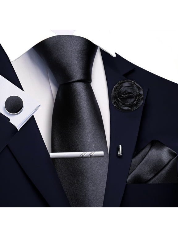 Solid Black Ties for Men Silk Satin Necktie and Pocket Square Cufflinks Tie Clip Lapel Pin Set Wedding Business 5PCS