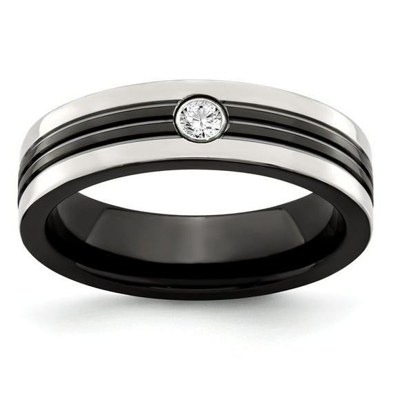 Solid Black Titanium Men's Grey Border .10ct Dia 925 Sterling Silver Men's Bezel Wedding Band Ring Size 9.5