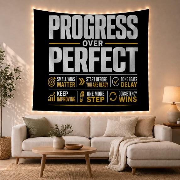 Solid Black Typographic With Layout Word Progress Large, Mystical Fantasy for Space Lovers, Galaxy Room Decor, Housewarming Gift, Tapestry Wall Hanging for Bedroom and Dorm