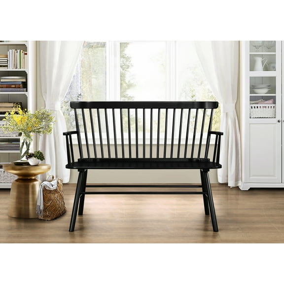 Solid Black Wood Arm Rest Bench In Style With Spindle Back Chair For