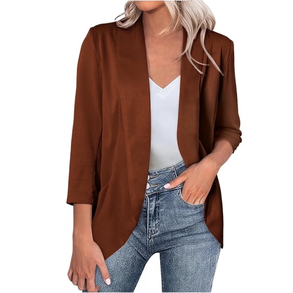 Solid Blazers For Women Business Casual 3/4 Sleeve Lapel Open Front Suit Jacket Work Blazer With Pockets