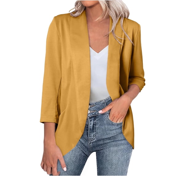 Solid Blazers For Women Business Casual 3/4 Sleeve Lapel Open Front Suit Jacket Work Blazer With Pockets