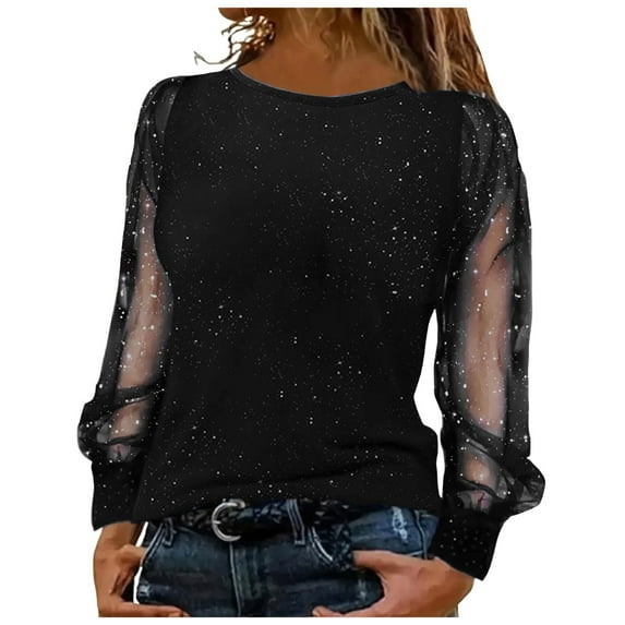 Solid Blouses for Women's Elegant Year's Eve Sequins Crew Neck Shiny Tops with Mesh Patchwork Long Sleeve Glitter Shirts B-Black 5XL