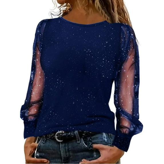 Solid Blouses for Women's Elegant Year's Eve Sequins Crew Neck Shiny Tops with Mesh Patchwork Long Sleeve Glitter Shirts B-Blue XXL
