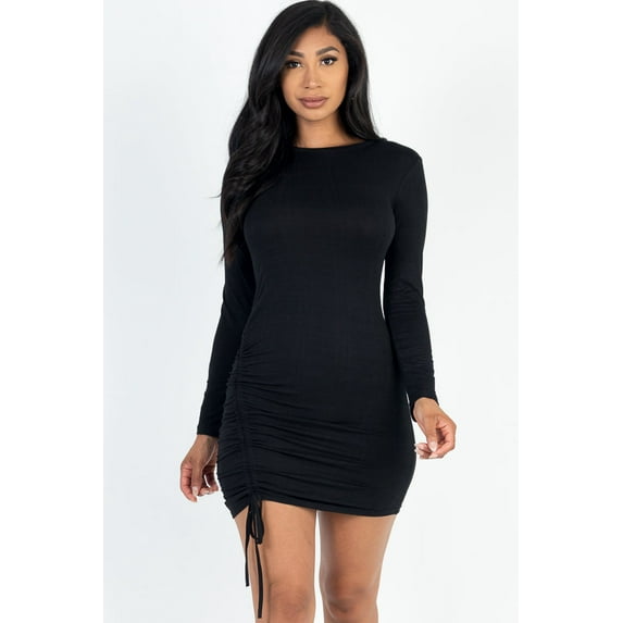 Solid Bodycon Dress with Ruched Detailing and Drawstring Waist, featuring Long Sleeves