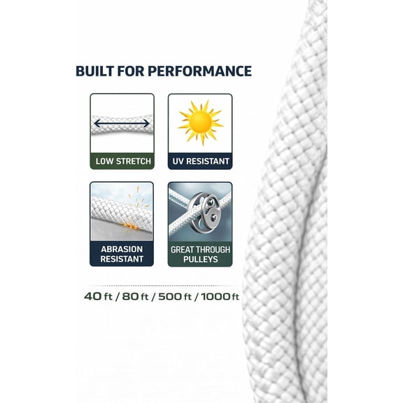 Solid Braid High-Performance Polyester Rope Flagpole Halyard Replacement Low Stretch  Abrasion Proof Smooth Through Pulleys for Sailboat Rigging Winches Outdoor Use White 5/16 in x 500 ft