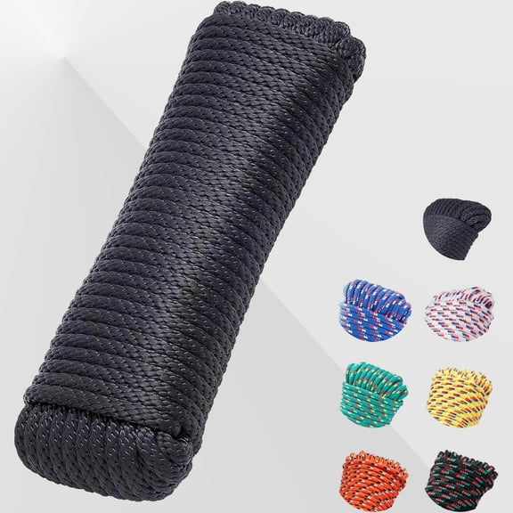 Solid Braided Polypropylene Rope, Outdoor Ropes, All Purpose Boat Marine Thick Tie for Camping and Flag Pole, Indoor and Outdoor Use, Black
