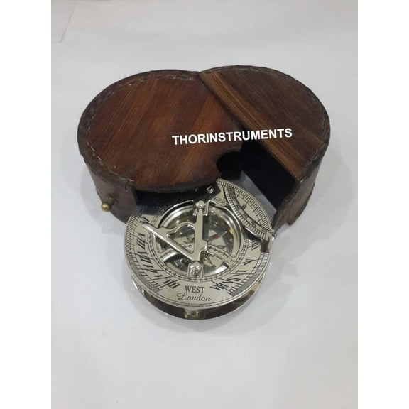 Solid Brass 3 Inch Sundial Compass - With Brown Leather Case is Free