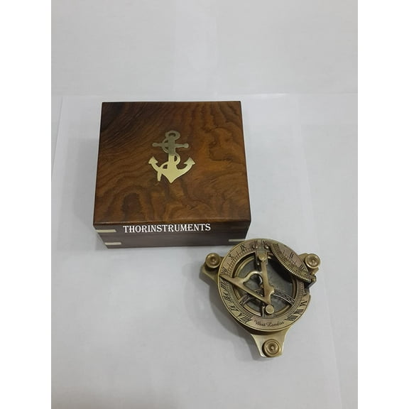 Solid Brass 3" Sundial Compass - W/ Inlaid Hardwood Box