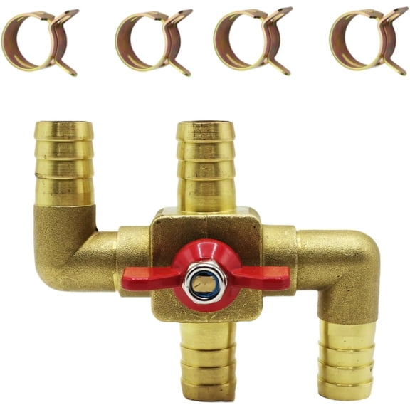 Solid Brass 5/8 Inch Heater Control Valve, 4-way Automobile Heating Water Valve, Brass Automotive Integrated Manual Control Valve, Heater Core Bypass with 4 Clamps(16mm)