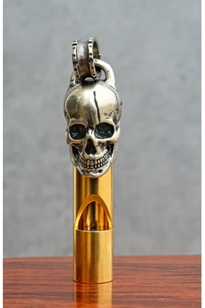 Solid Brass And Steel Ghost Skull Head Death Whistle With Key Chain Ring