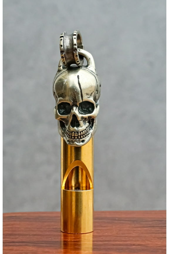 Solid Brass And Steel Ghost Skull Head Death Whistle With Key Chain Ring