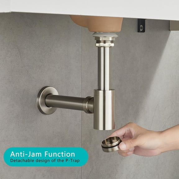 Solid Brass Bathroom Sink P-Trap Kit with Drain Stopper, Adjustable Bottle Trap for Basin Overflow, Brushed Nickel