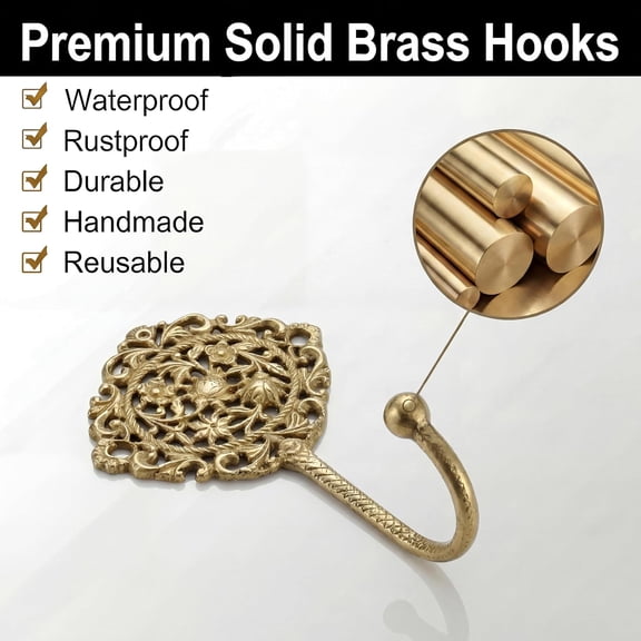 Solid Brass Boho Decorative Wall Hooks - Holds Up to 33 lbs - Vintage Gold Wall Hangers for Entryway, Bathroom & Kitchen - 3 Pack