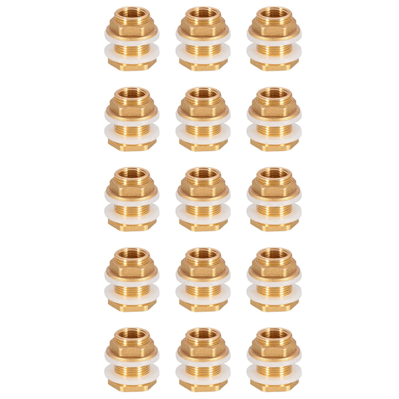 Solid Brass Bulkhead Fitting,15Set 1/2In Female 3/4In Male Solid Brass Water Tank Connector Threaded with Silicone Rings,5 set of 3 bulkhead tank fitting,Brass Color