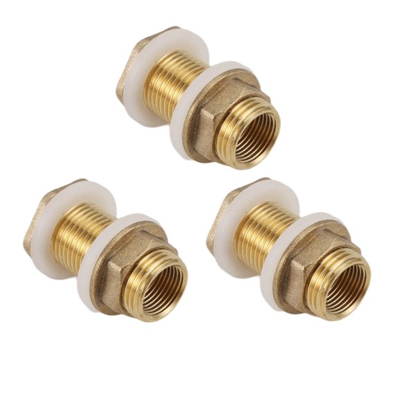 Solid Brass Bulkhead Fitting, 3 Sets 3/8 Inch Female 1/2 Inch Male Solid Brass Water Tank Connector Threaded with Ring