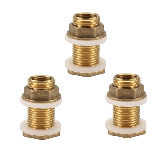 Solid Brass Bulkhead Fitting, 3 Sets 3/8 Inch Female 1/2 Inch Male Solid Brass Water Tank Connector Threaded with Ring
