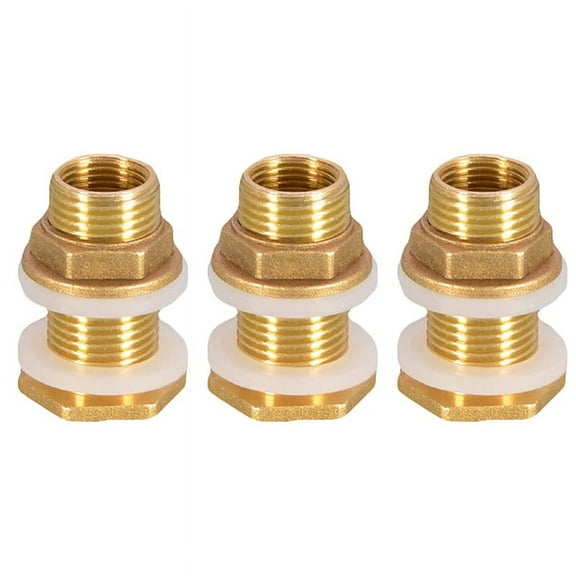 Solid Brass Bulkhead Fitting, 3 Sets 3/8 Inch Female 1/2 Inch Male Solid Brass Water Tank Connector Threaded with Ring