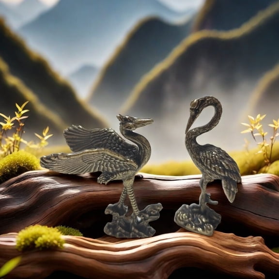 Solid Brass Crane Figurine Set Vintage Animal Statue Tea Pet Tabletop Decor Feng Shui Ornament Home Office Sculpture 2pc