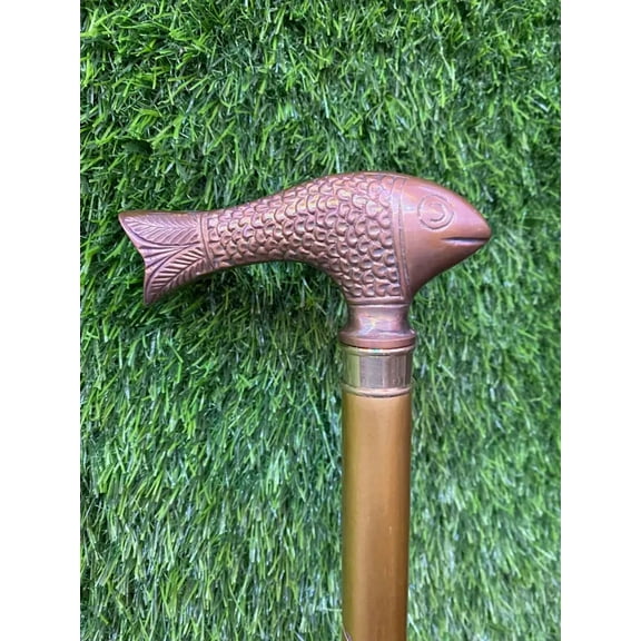 Solid Brass Fish Head Handle Victorian Style Walking Stick Shaft Wooden Cane
